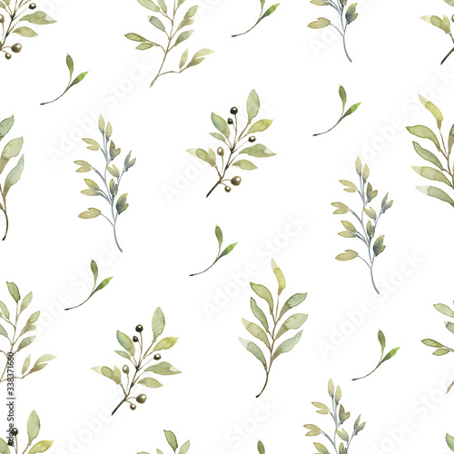 Beautiful seamless pattern with watercolor foliage. Hand painted illustration. Green branches and leaves. Best for background, wallpaper, wrapping paper, textile, bedding fabric, prins, fashion design