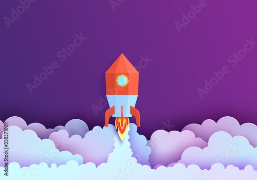 Rocket take off in paper cut style. Night sky and red origami spacecraft launch. Vector 3d background with clouds of smoke and fire spaceship start. Papercut elements for start up business concept