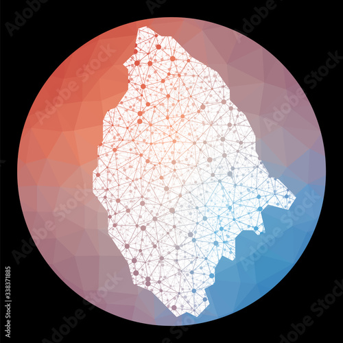 Vector network map of La Digue, Seychelles. The map features a low poly background with a rounded illustration in a technology, internet, network, and telecommunication concept style.