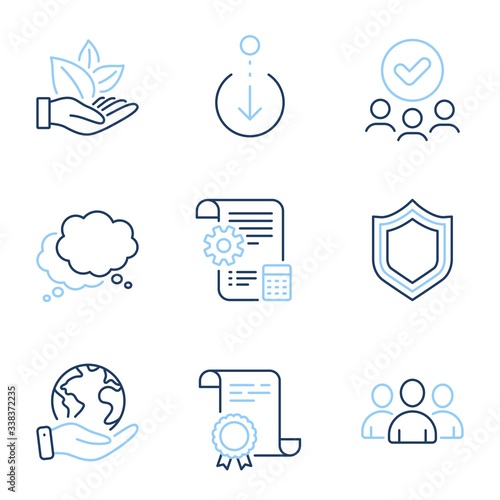 Organic product, Group and Scroll down line icons set. Diploma certificate, save planet, group of people. Security, Speech bubble and Settings blueprint signs. Vector photo