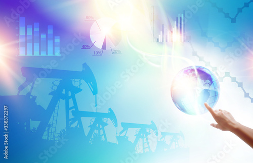 Finger of human hand pointing to planet earth. Epidemic blue science background with Oil pumps and derricks over infographic background. Vector illustration.