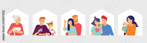 Stay at home, concept design. Different types of people, family, neighbors in their own houses. Self isolation, quarantine during the coronavirus outbreak. Vector flat style illustration stock