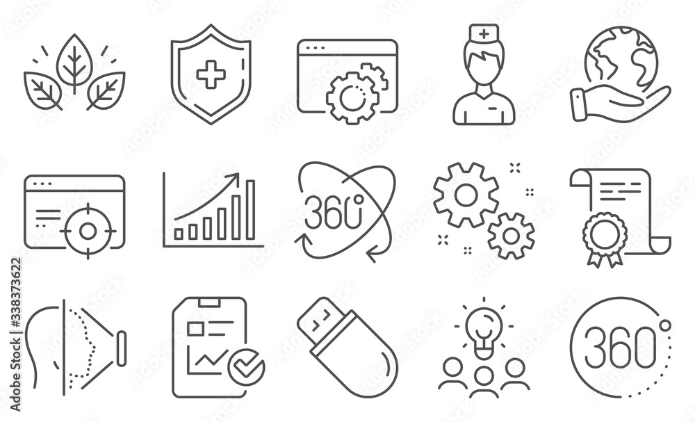 Set of Science icons, such as Doctor, Medical shield. Diploma, ideas, save planet. Usb stick, Seo gear, Work. Report checklist, Seo targeting, 360 degrees. Vector Set of Science icons, such as Doctor, Medical shield. Diploma, ideas, save planet. Usb stick, Seo gear, Work. Report checklist, Seo targeting, 360 degrees. Vector