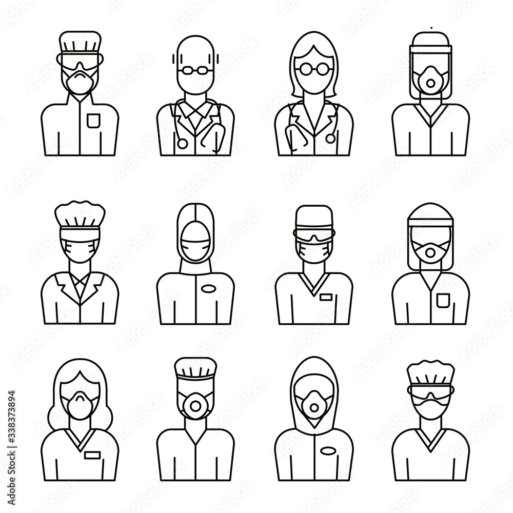 A set of vector medical avatars of doctors and nurses in protective medical clothes with masks. Coronavirus epidemic illustration for flyer, poster design. A set of vector medical avatars of doctors and nurses in protective medical clothes with masks. Coronavirus epidemic illustration for flyer, poster design.