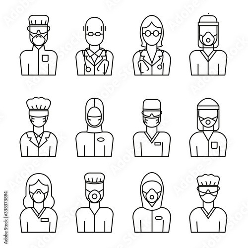 A set of vector medical avatars of doctors and nurses in protective medical clothes with masks. Coronavirus epidemic illustration for flyer, poster design. 