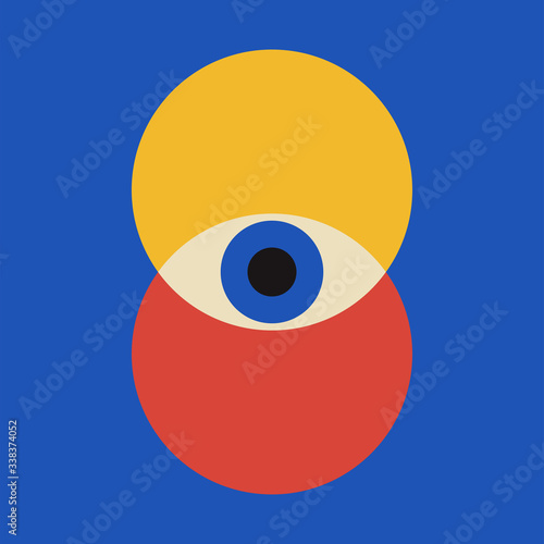 Minimal 20s geometric design with eyes, vector template with primitive shapes elements