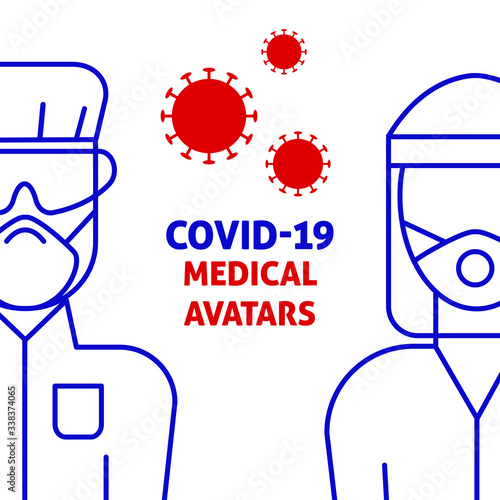 A vector square design with avatars of medics in a protective clothing and a respirator. Coronavirus epidemic illustration for flyer, poster template. 