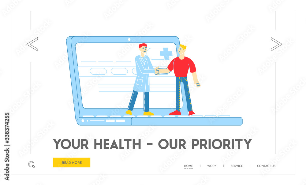 Distant Online Medicine Consultation, Smart Medical Technologies Landing Page Template. Doctor Character Shaking Hands with Patient at Huge Laptop, Remote Health Care Linear People Vector Illustration
