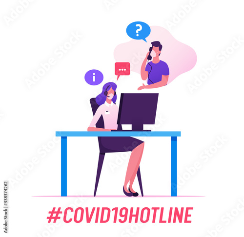 Covid19 Hotline Service. Receptionist Character Support People. Girl Consultant in Headset and Mask Chatting with Client