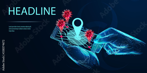COVID 19. Phone with the coronavirus tracking app installed. The medical mobile app concept. Low poly wireframe style. Vector