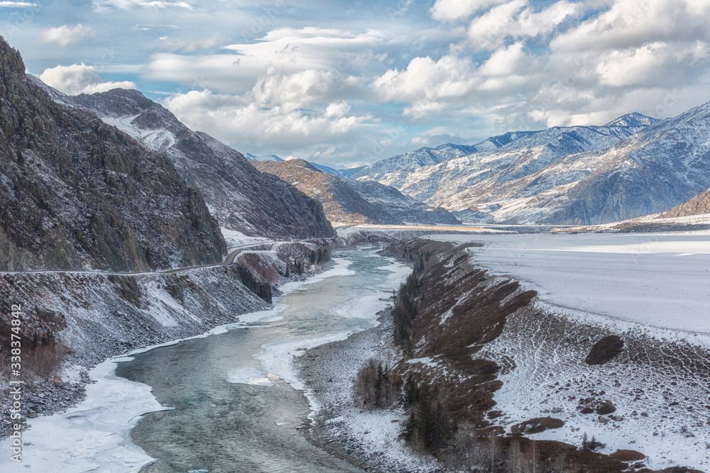Winter landscape. Katun river in Altai on a day. Russia