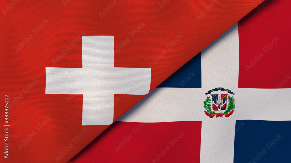 Fototapeta premium The flags of Switzerland and Dominican Republic. News, reportage, business background. 3d illustration