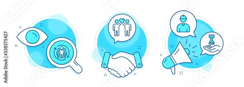 Friends couple, Engineer and Teamwork line icons set. Handshake deal, research and promotion complex icons. Time hourglass sign. Friendship, Worker profile, Employees change. Sand watch. Vector