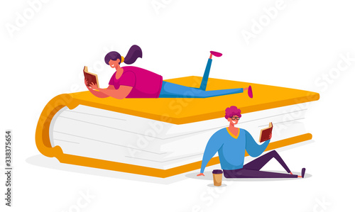 People Enthusiastically Reading Sitting and Lying on Huge Book. Young Woman and Man Students Spend Time in Library or Prepare for Examination Characters Gaining Knowledge. Cartoon Vector Illustration