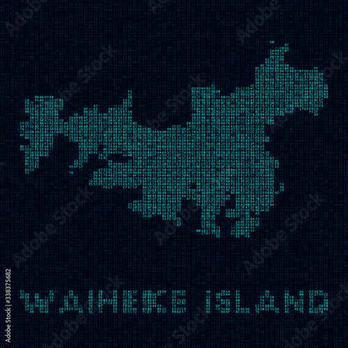 Waiheke Island tech map. Island symbol in digital style. Cyber map of Waiheke Island with island name. Vibrant vector illustration.