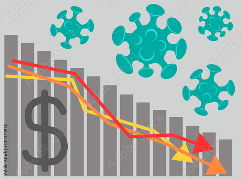 Coronavirus vector illustration of a global economy crisis. Dollar Currency fall and COVID-19. Income chart and falling arrows. Virus impact on markets, business, finance.