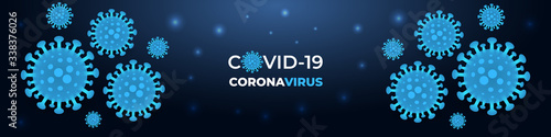 Coronavirus infection covid-19, dark blue medical banner. Dark vector background corona virus cell 2019-ncov virus. COVID-19 pandemic medical banner. Abstract vector illustration.