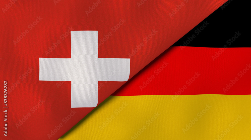 Obraz premium The flags of Switzerland and Germany. News, reportage, business background. 3d illustration