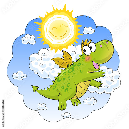 Cute funny dragon flying in the sunny sky