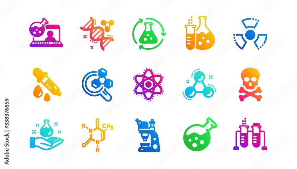 Chemical formula, Microscope and Medical analysis. Chemistry lab icons. Laboratory test flask, reaction tube, chemistry lab icons. Classic set. Gradient patterns. Quality signs set. Vector