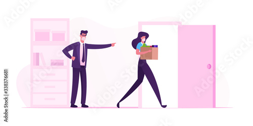 Dismissal during Quarantine Covid 19. Angry Boss Character Shouting, Scolding and Firing Female Worker