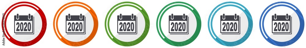 New year 2020 icon set, flat design vector illustration in 6 colors options for webdesign and mobile applications New year 2020 icon set, flat design vector illustration in 6 colors options for webdesign and mobile applications