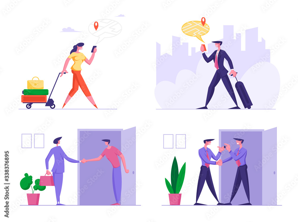Set of Business People in Trip Orienting with Gps Navigator in Foreign City. Character Shaking Hand with Colleague or Employer in Office, Boss Giving Key to Employee. Cartoon Vector Illustration