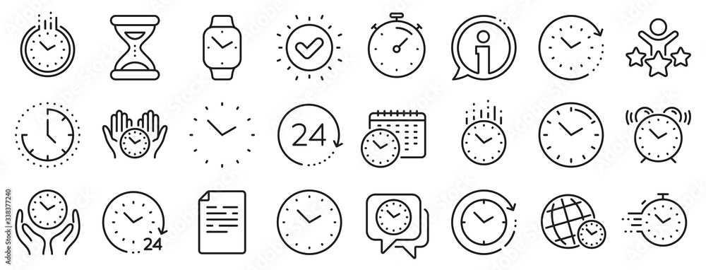 Timer, Alarm and Smartwatch. Time and clock line icons. Time management, 24 hour clock, deadline alarm icons. Sand hourglass, calendar and digital smartwatch, timer stopwatch. Vector