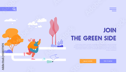 Eco Environment Landing Page Template.Female Character Plogging. Woman Pick Up Litter During Jogging in Nature and Put in Bag for Recycling. Girl Run and Collect Garbage. Cartoon Vector Illustration
