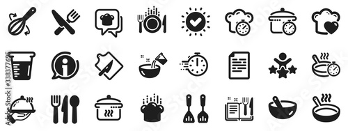 Boiling time, Frying pan and Kitchen utensils. Cooking icons. Fork, spoon and knife icons. Recipe book, chef hat and cutting board. Cooking book, frying time, hot pan. Approved check, document. Vector