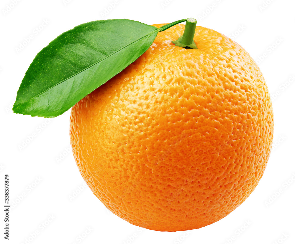 Ripe full orange citrus fruit with green leaf isolated on white background. Orange with clipping path. Full depth of field.