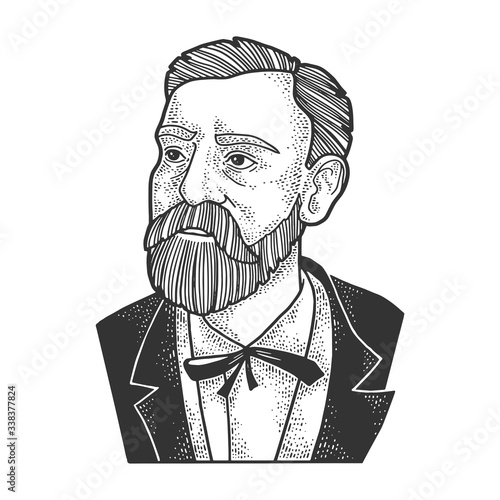 Alfred Nobel portrait sketch engraving vector illustration. T-shirt apparel print design. Scratch board imitation. Black and white hand drawn image.
