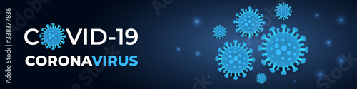 Corona virus infection covid-19, dark blue banner. Dark vector background coronavirus cell 2019-ncov virus. COVID-19 pandemic risk banner. Vector illustration.