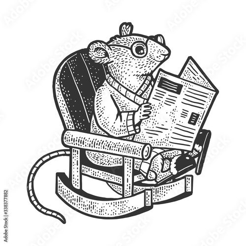 cartoon mouse in bathrobe at home reading newspaper in rocking chair sketch engraving vector illustration. T-shirt apparel print design. Scratch board imitation. Black and white hand drawn image.