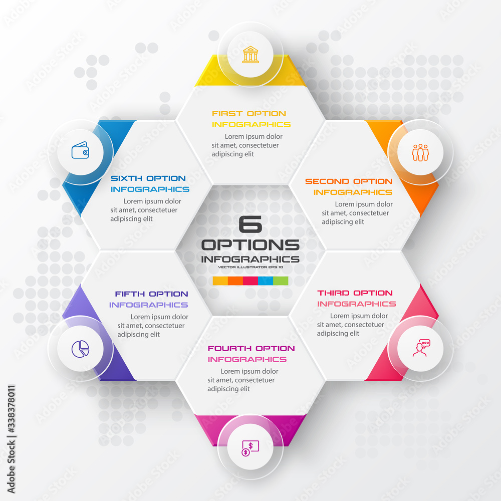 Abstract business infographics template with 6 hexagon in white color background Abstract business infographics template with 6 hexagon in white color background