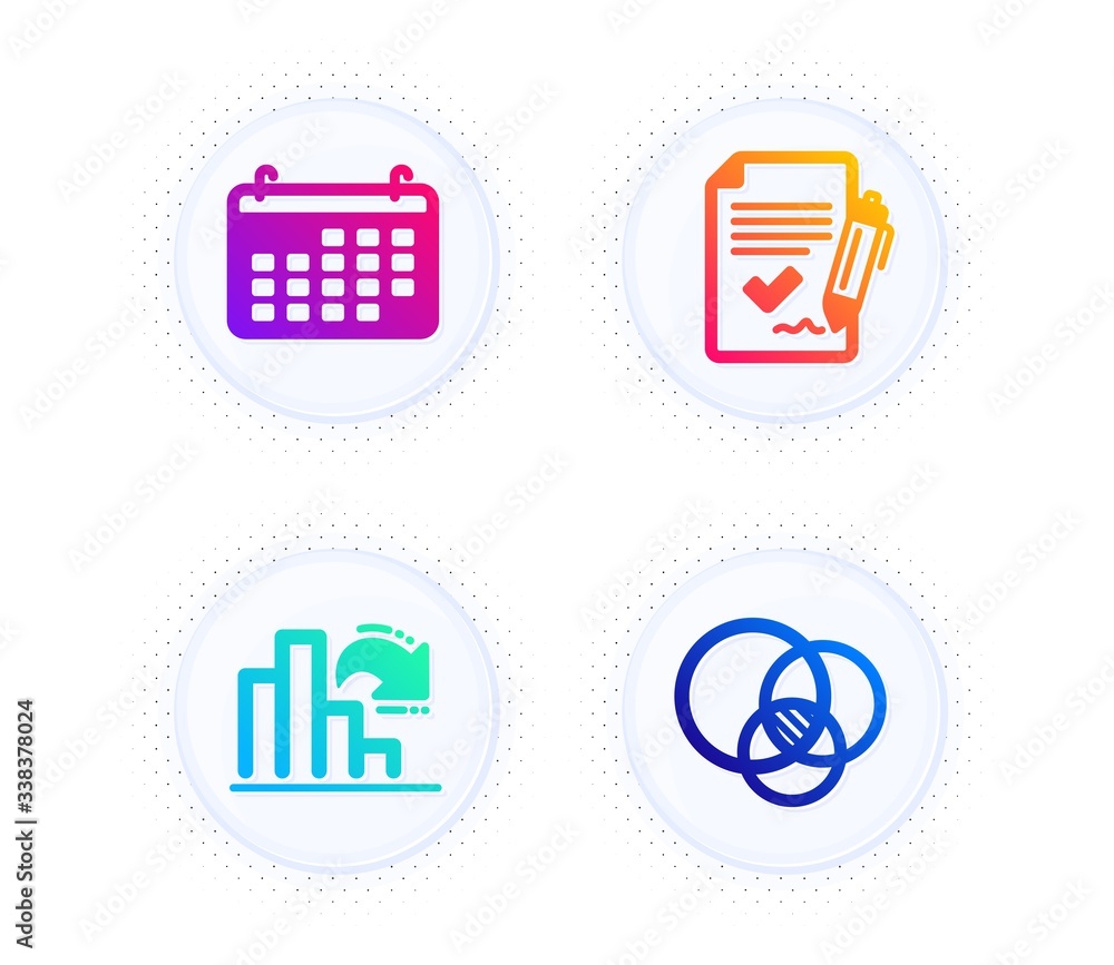 Approved agreement, Decreasing graph and Calendar icons simple set. Button with halftone dots. Euler diagram sign. Signature document, Column chart, Business audit. Relationships chart. Vector Approved agreement, Decreasing graph and Calendar icons simple set. Button with halftone dots. Euler diagram sign. Signature document, Column chart, Business audit. Relationships chart. Vector