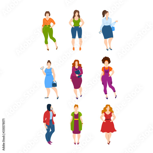 Cartoon Color Characters Person Plus Size Women Set. Vector