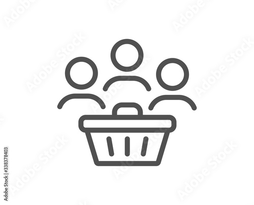 Buyers with shopping cart line icon. Customers group sign. Supermarket clients symbol. Quality design element. Editable stroke. Linear style buyers icon. Vector