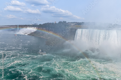 Panorama of the Canadian side of the falls, with a tourist boat and rainbow. Concept of travel and tourism. Niagara Falls, Canada. United States of America