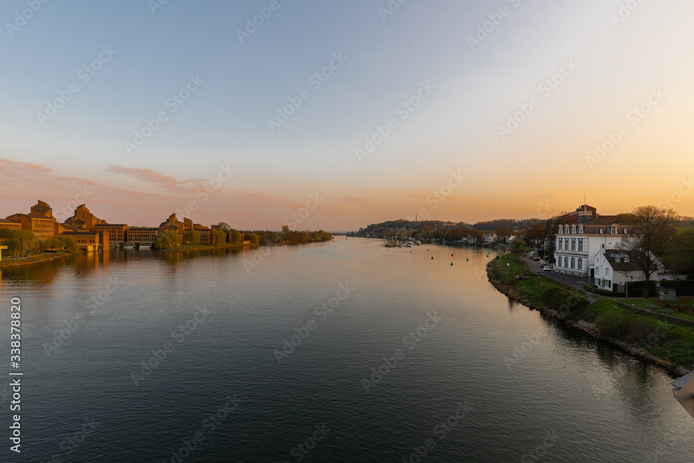 View on the river Meuse and st Pietersberg (english st Pieters mountain) in Maastricht during sunset. The river is often used for water recreation