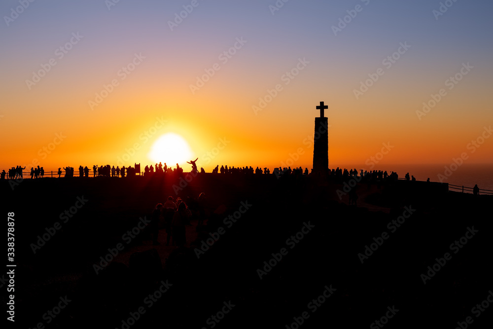 View of Cape Roca (Cabo da Roca) most western point of Europe at sunset (Silhouette photo). Sintra, Portuga