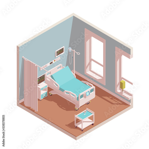 Hospital room intensive therapy interior. Include a bed, bedside cabinet, curtains and others hospital equipment. Vector isometric illustration isolated on white.