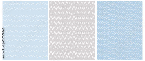 Chevron Seamless Vector Patterns. 3 Various Chevron Print. White Zig Zags Isolated on a Light Blue and Gray Background. Simple Pastel Color Geometric Repeatable Design idel for Fabric. 
