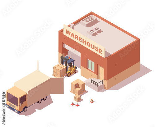 Vector isometric warehouse composition with truck, forklift and delivery boxes. Freight transport icon. Isolated white background.