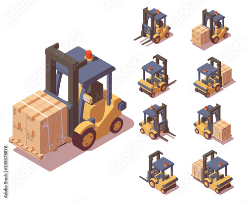 Vector isometric forklift truck isolated on white background. Four side views loader truck with and without boxes on pallet. Storage equipment set.