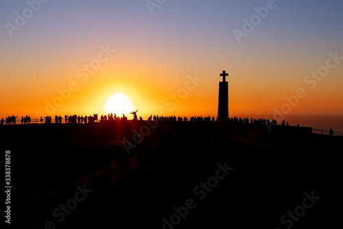 View of Cape Roca  Cabo da Roca  most western point of Europe at sunset  Silhouette photo . Sintra  Portuga