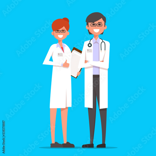 Male and female doctor characters. Medical team concept. Vector flat illustration.