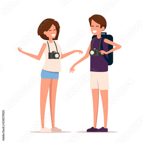 Tourist couple with bags and camera at trip. Vacation people. Journey design. Vector flat isolated on white.