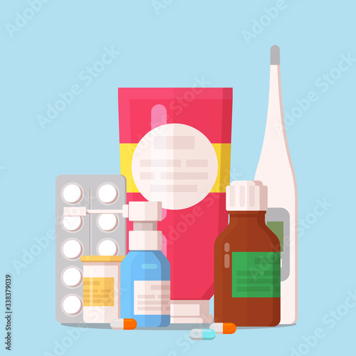 Vector flat illustration of medicine pharmacy. Medical bottles, pills, drugs, syrup, gel and medical thermometer. Isolated background.