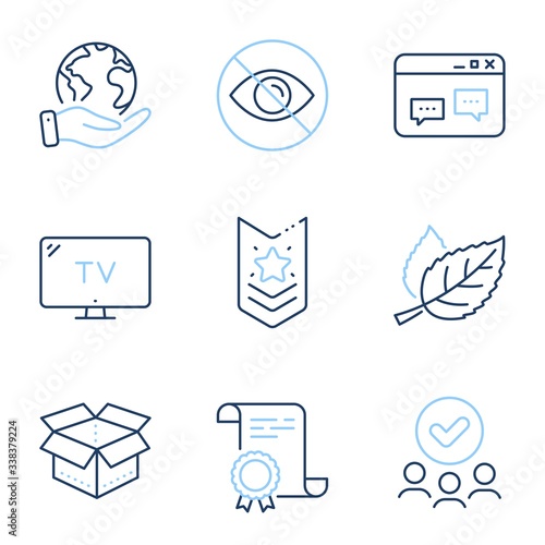 Not looking, Leaf and Open box line icons set. Diploma certificate, save planet, group of people. Shoulder strap, Tv and Browser window signs. Eye care, Nature leaves, Delivery package. Vector
